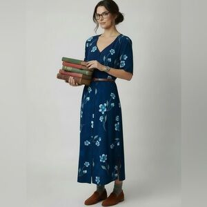 VINTAGE LINEA V Floral Button Front Midi Shirt Dress